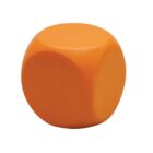 An orange foam die with rounded edges and no visible numbers, set against a plain white background.