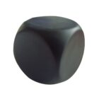 A smooth, matte black rounded cube sits against a white background. The cube has softly curved edges and a slightly reflective surface.