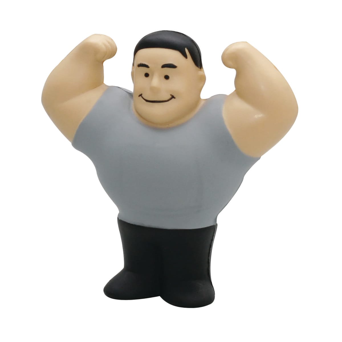 A small, cartoon-like figure of a muscular man flexing his arms. He has a broad smile, short black hair, and is wearing a light gray shirt with black pants. The figure is standing on a white background.