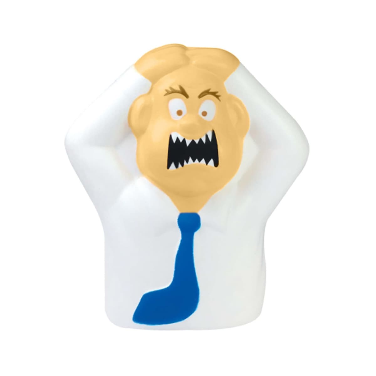 A cartoonish stress ball figure with an exaggerated angry expression, bulging eyes, and jagged mouth, wearing a white shirt and blue tie, holding its head with both hands.