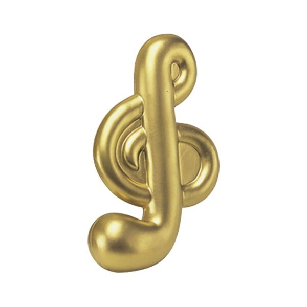 A gold treble clef symbol sculpture, featuring smooth and rounded edges, is shown against a plain white background.