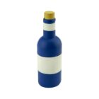 A blue bottle with a wide white horizontal stripe, topped with a yellow cap, set against a plain white background.