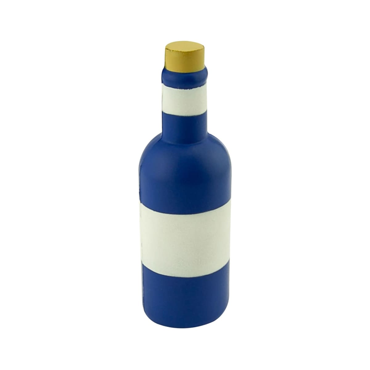 A blue bottle with a wide white horizontal stripe, topped with a yellow cap, set against a plain white background.