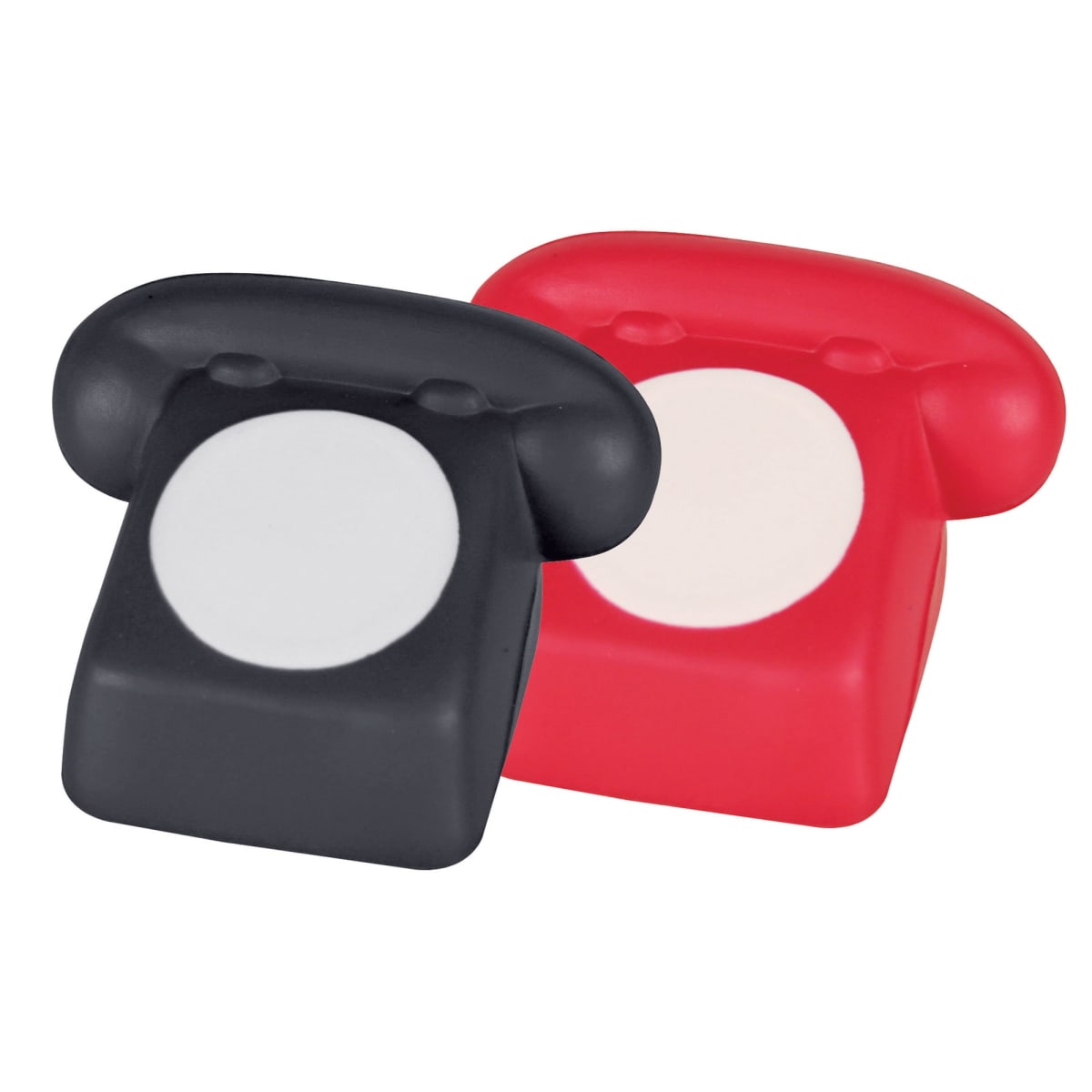 Two toy telephones, one black and one red, sit side by side. Both feature a vintage rotary style design with white dial spaces and matching colored handsets. The red phone is slightly behind the black one.
