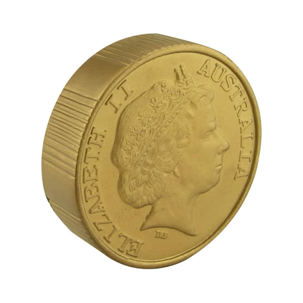 A gold coin with the embossed side showing a profile of a womans head. The words ELIZABETH II AUSTRALIA are inscribed around the edge. The coin has a textured rim.