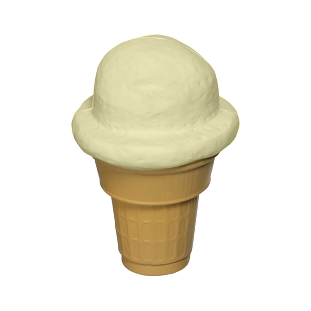 A plastic toy ice cream cone with a beige scoop on top is displayed against a plain white background.