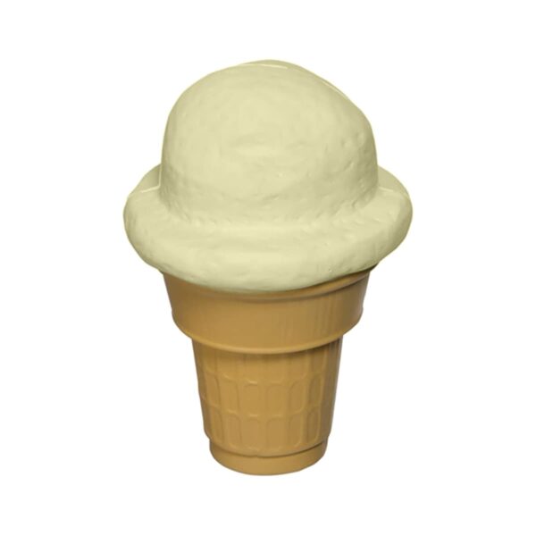 A toy ice cream cone featuring a yellow scooped top resembling soft serve, placed on a light brown cone base. The design is simple and playful.