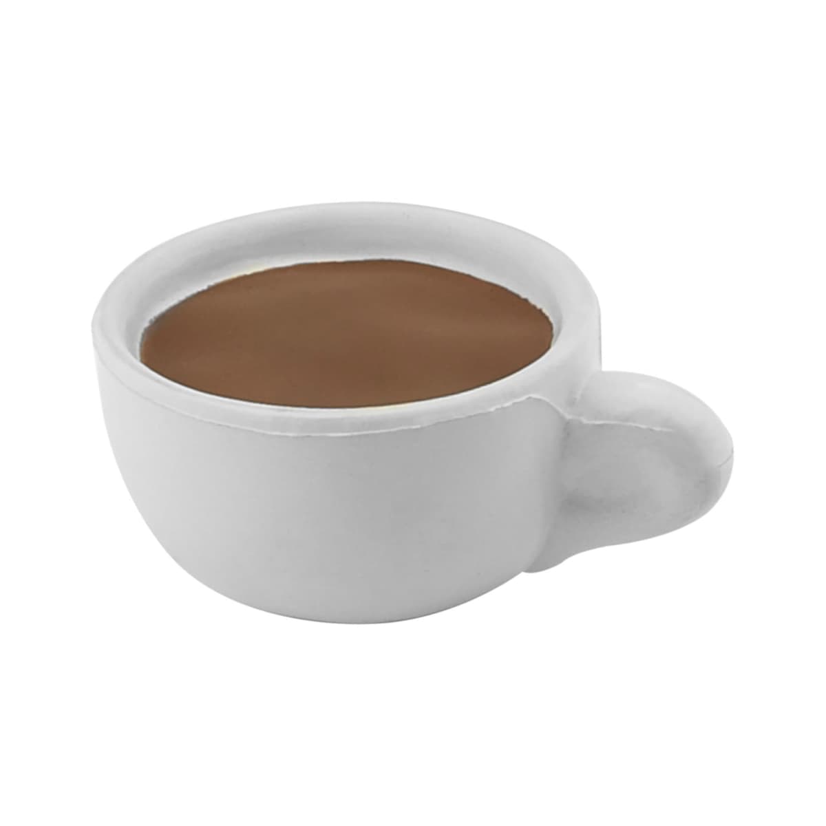 A small white cup filled with brown liquid, resembling coffee, set against a plain white background.