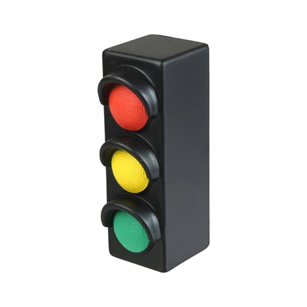 A small model traffic light with three colored lights, red on top, yellow in the middle, and green at the bottom, all housed in a rectangular black casing on a plain white background.