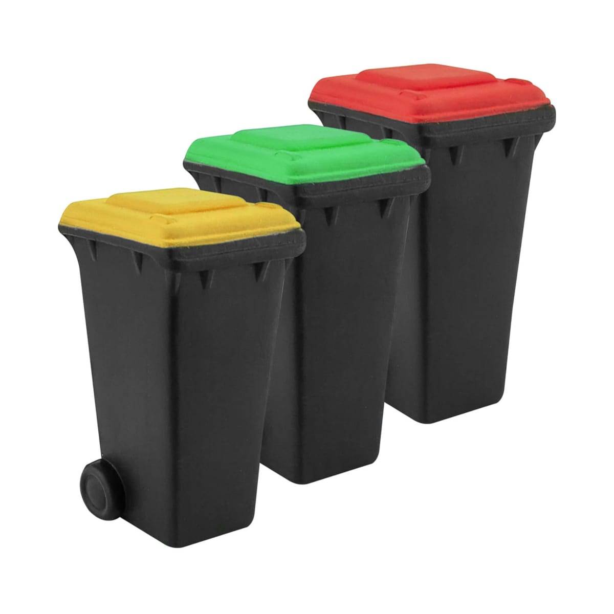 Three small black bins with colorful lids—yellow, green, and red—are arranged in a row. The bins resemble oversized Magnobots, each featuring a pair of wheels at the bottom.