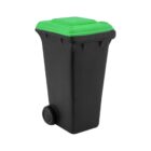 A small black trash can with a green lid and a single wheel on the bottom.