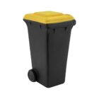 A small black and yellow toy wheelie bin with a closed lid and two wheels.