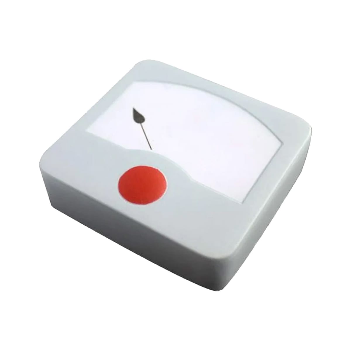 A white, square-shaped scale with a red circular button and a black arrow indicator on the display. The design is minimalistic and modern.