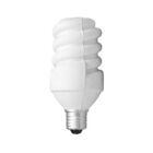A compact fluorescent light bulb with a spiral design and a metallic screw base is shown against a plain white background.