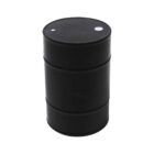 A black metal barrel with a cylindrical shape, featuring two circular white markings on the top surface, standing against a plain white background.