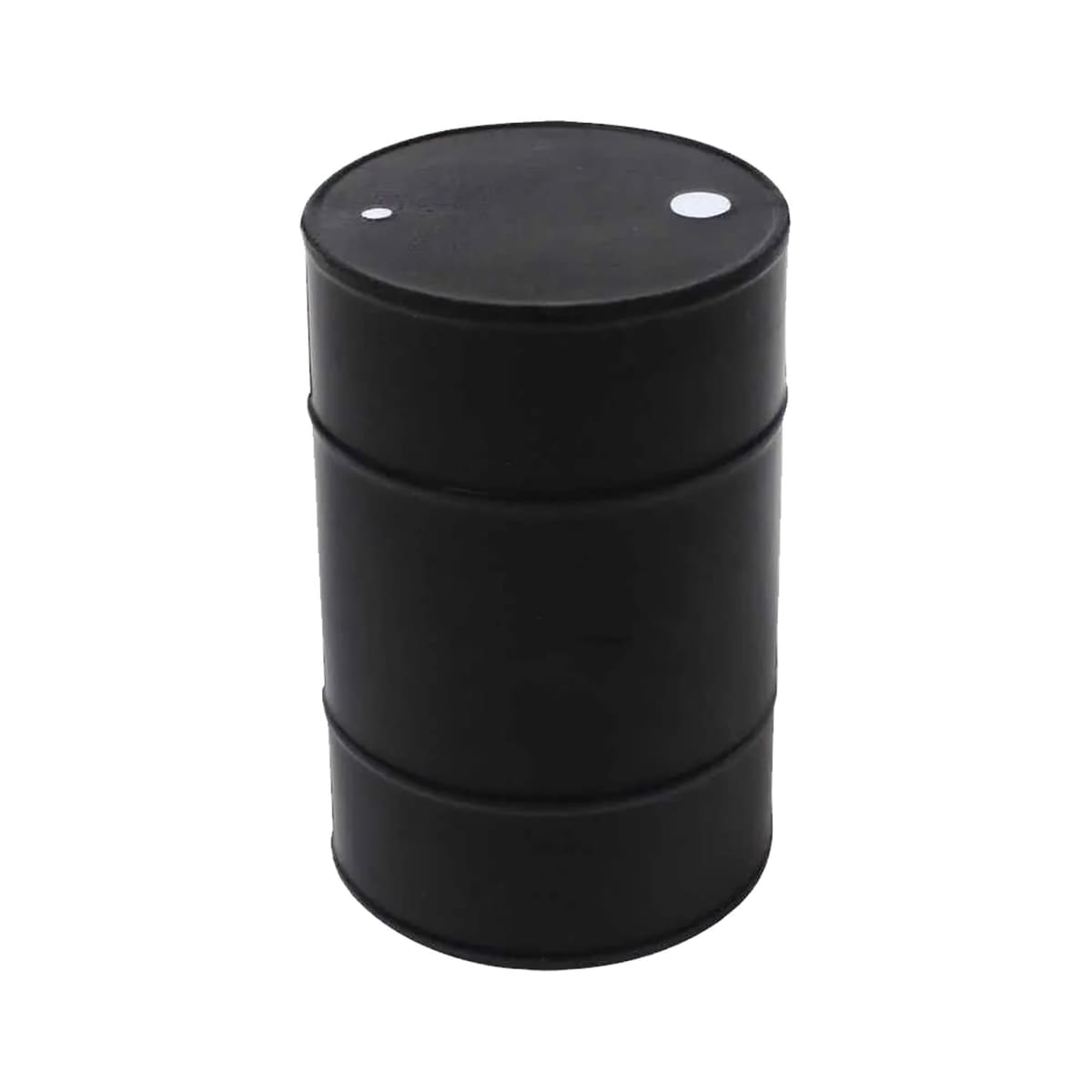 A black metal barrel with a cylindrical shape, featuring two circular white markings on the top surface, standing against a plain white background.