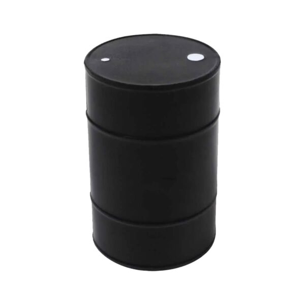 A black industrial barrel standing upright against a plain white background.