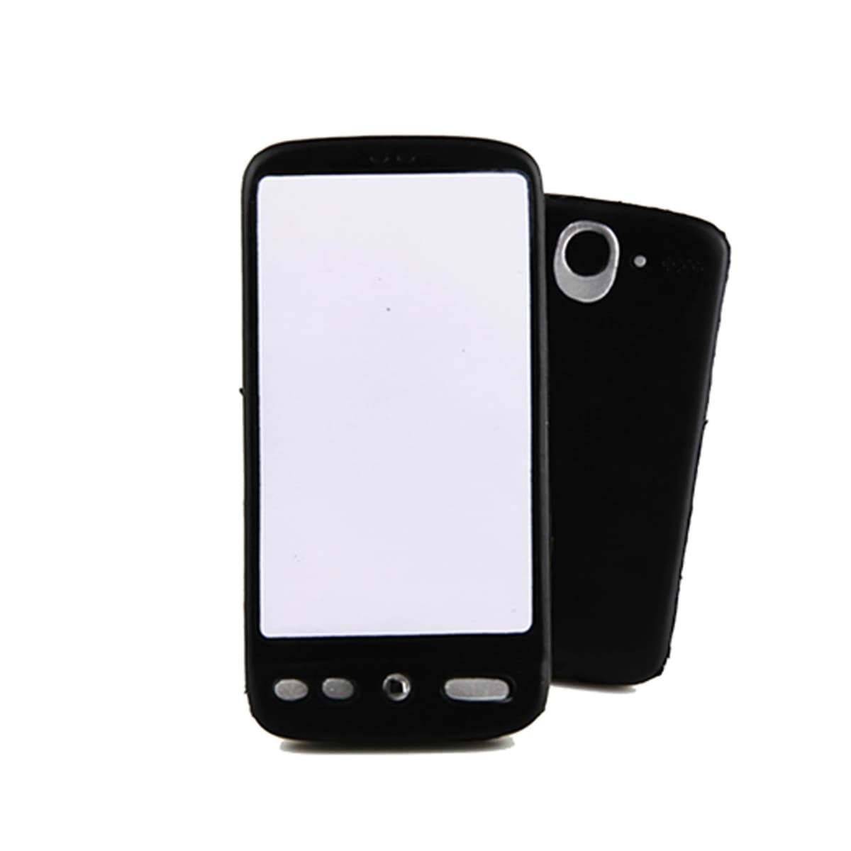 Two black smartphone models, one facing forward with a blank screen and the other showing the back with a camera and flash. The buttons are visible on the front. The background is plain white.