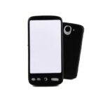 Two black smartphones are positioned against a white background. The front phone displays a blank screen, while the rear phone shows the back camera and button details.