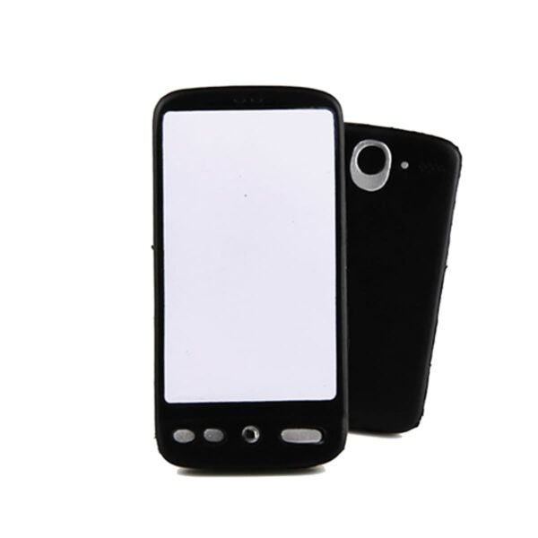 Two black smartphones are positioned against a white background. The front phone displays a blank screen, while the rear phone shows the back camera and button details.