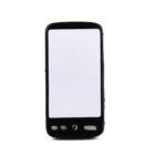 A black, minimalist smartphone with a blank white screen, centered against a plain white background. The phone has three small buttons on the bottom.