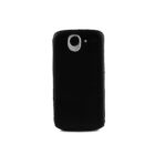 A back view of a black phone case featuring a circular camera cutout and a smaller flash cutout at the top.