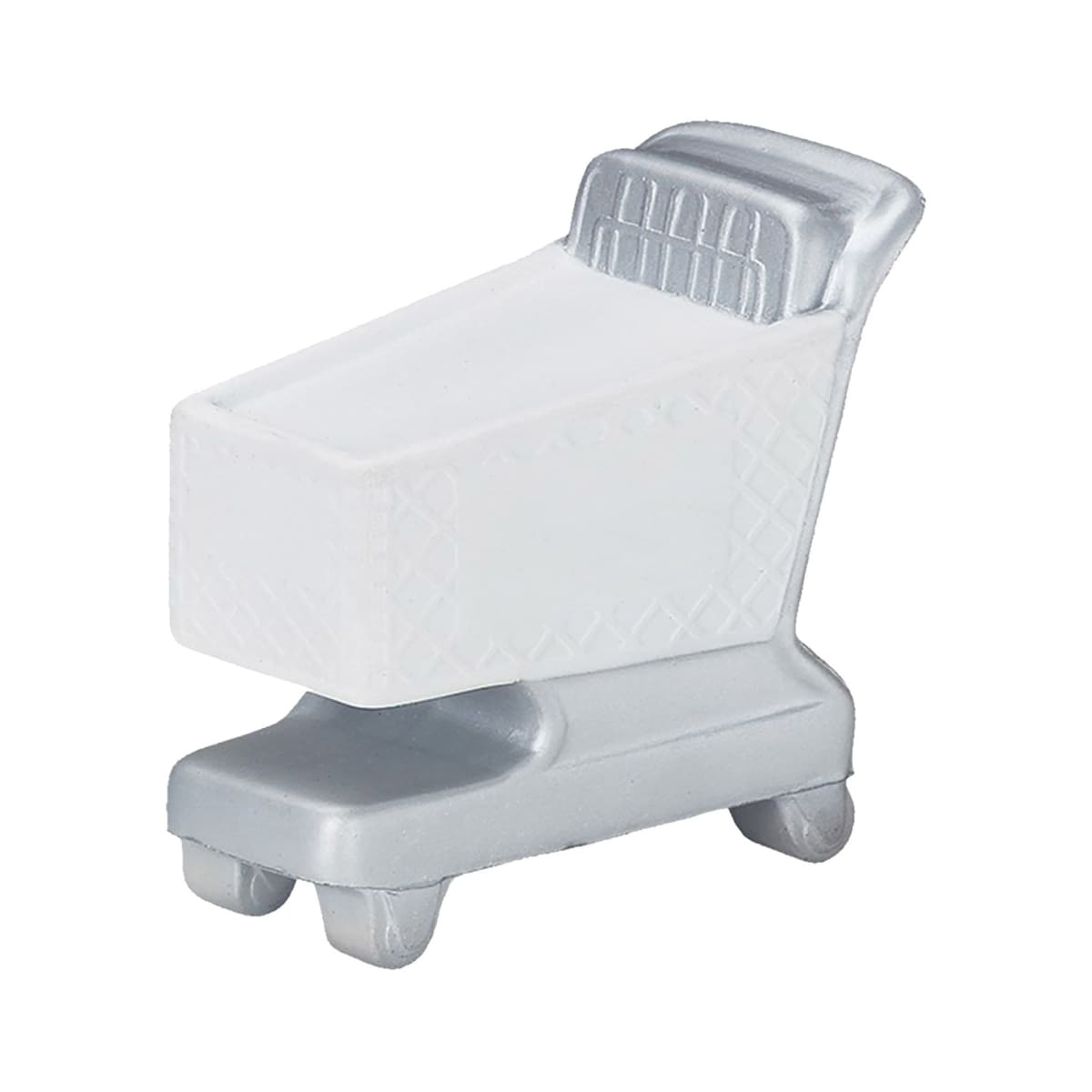 A miniature silver shopping cart token from a board game, featuring a basket-like compartment on top and four small wheels, isolated on a white background.
