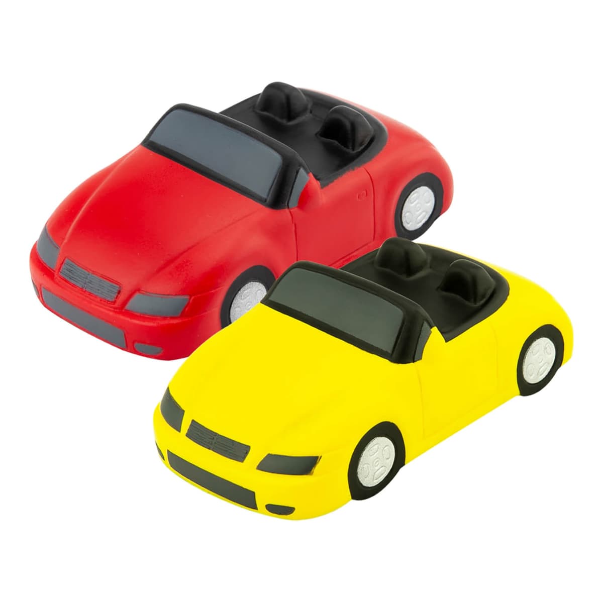 Two toy convertible cars are shown. One is red and the other is yellow, both with black interiors and white wheels. They are positioned side by side against a white background.