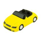 A small, yellow toy convertible car with black interior and white wheels is shown against a plain white background.