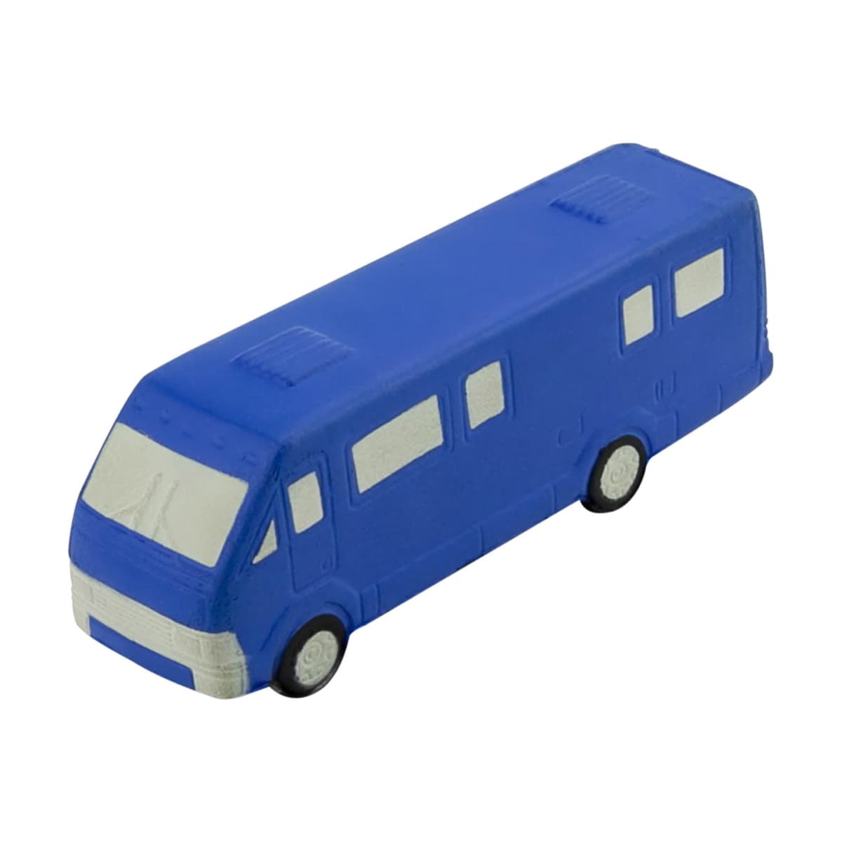A small blue toy bus with simplistic design details, such as windows and wheels. The bus is made of a solid material with a matte finish.