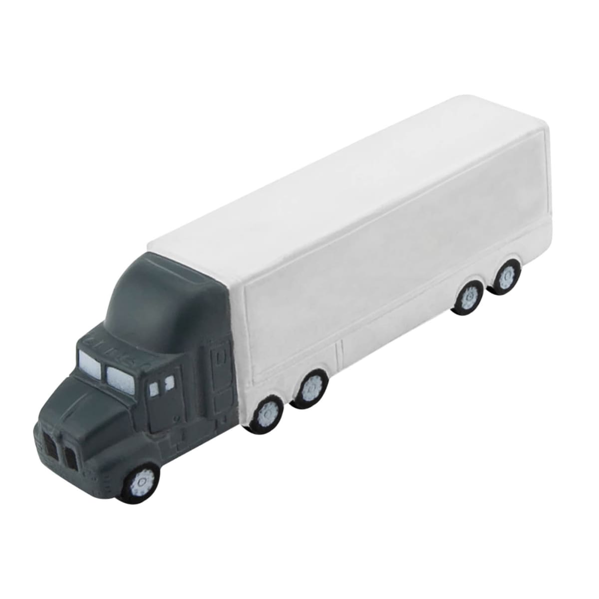 A toy model of a semi-truck with a black cab and white trailer is shown against a plain white background. The truck has six wheels visible, four on the trailer and two on the cab.