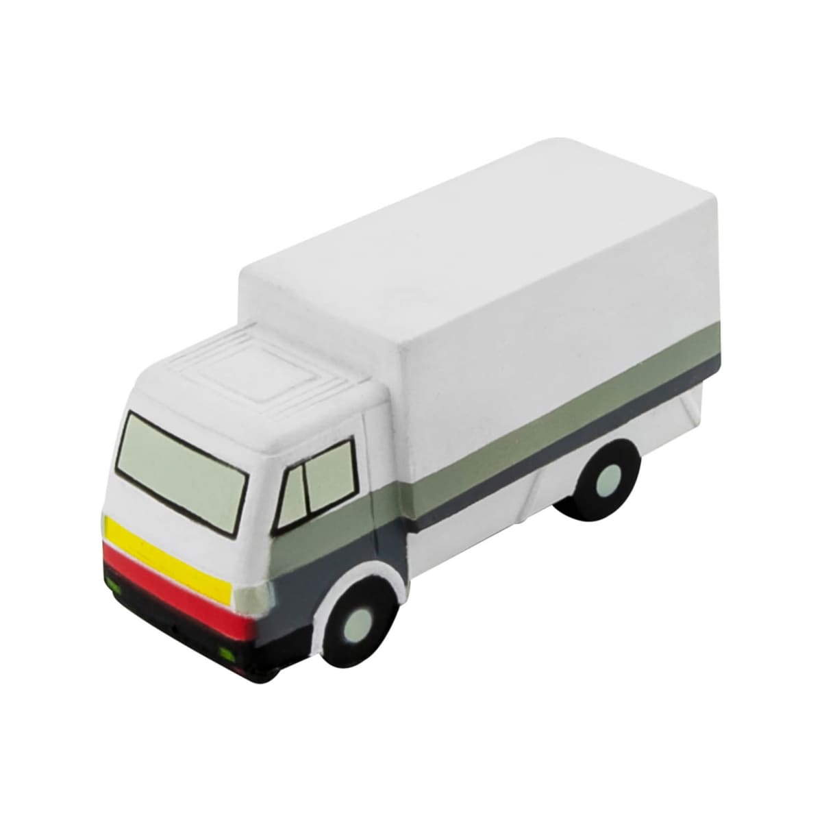 A small, toy truck eraser designed to resemble a delivery truck with a white body and a gray and red stripe along the side. The eraser has black wheels and a simple, blocky design.