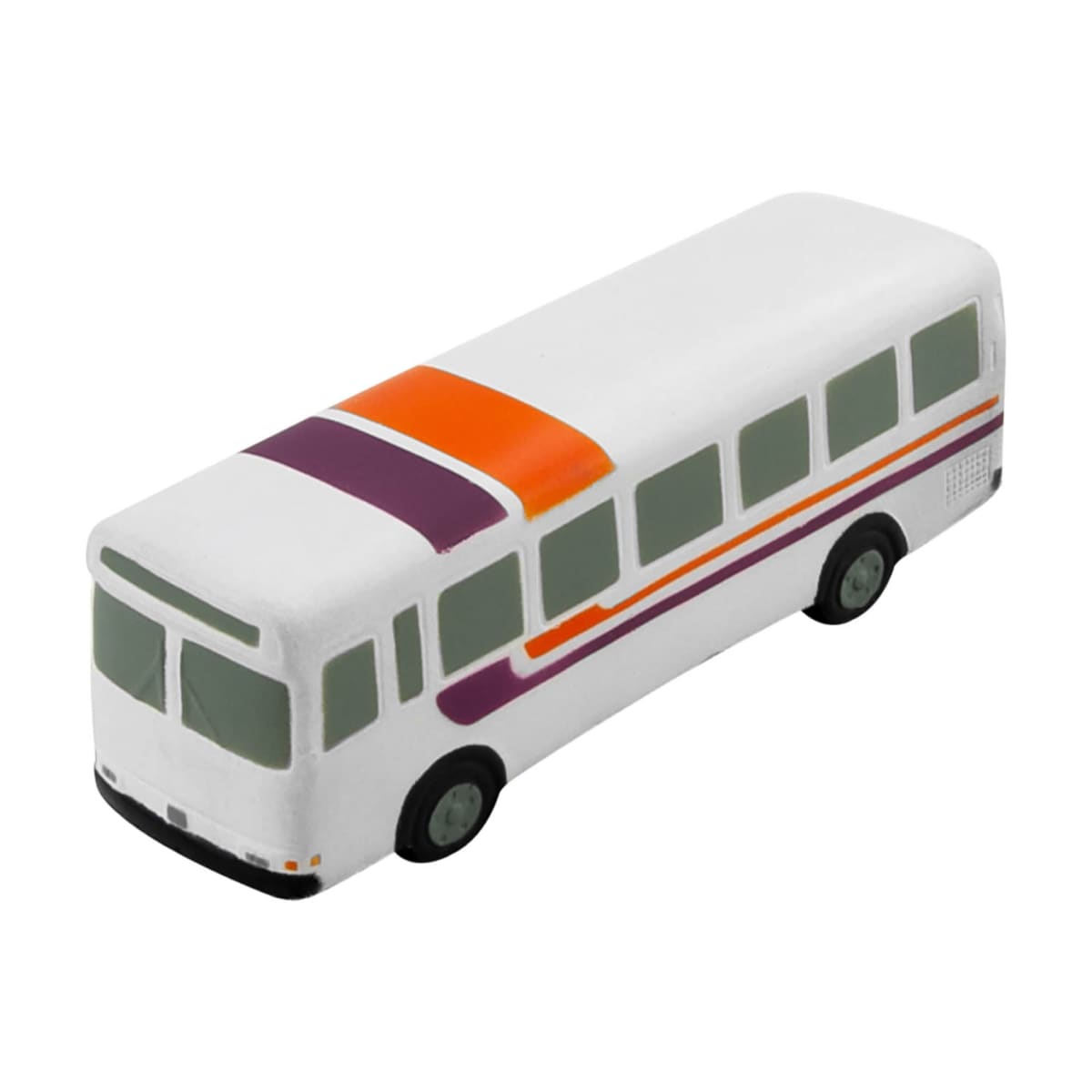 A small, toy bus painted white with a bold purple and orange stripe on the top and sides. The bus features a simple design with green-tinted windows and black wheels.