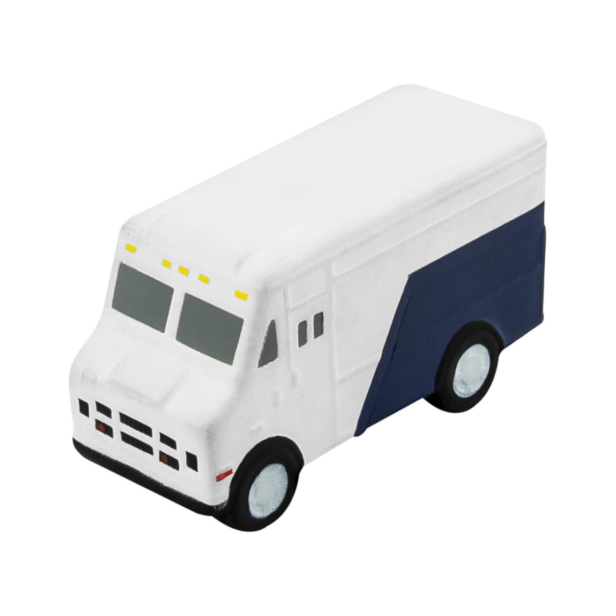 A toy delivery truck with a white body, dark blue side panel, and black wheels. It features simple yellow headlights and a black front grille. The design is minimalistic and cartoon-like.