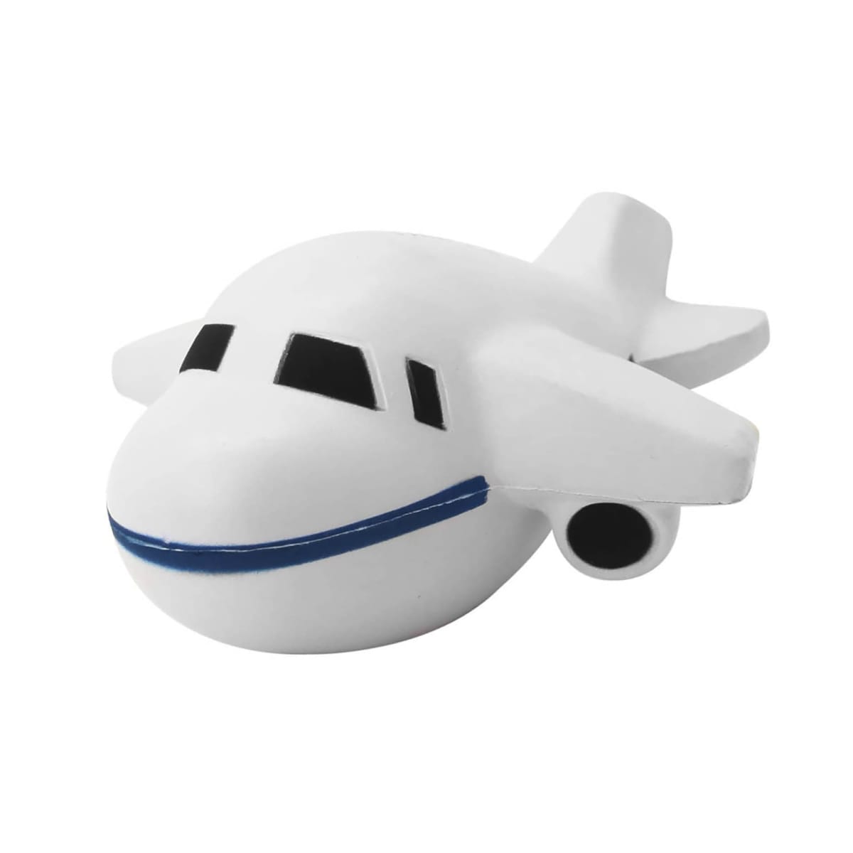 Toy airplane with a white body and blue stripe on its nose. It has small, stylized wings and black windows, resembling a cartoonish aircraft. The background is plain white.