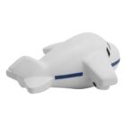A white toy airplane with blue stripes on its wings and fuselage is shown from a rear-side angle. The aircraft has a simple, cartoon-like design, contrasting against a plain white background.