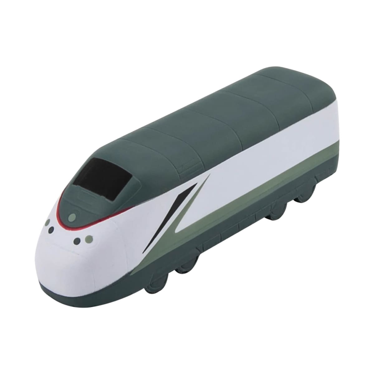 A green and white toy train with black and red details on a white background. The design is sleek, resembling a modern high-speed train with simplified features.