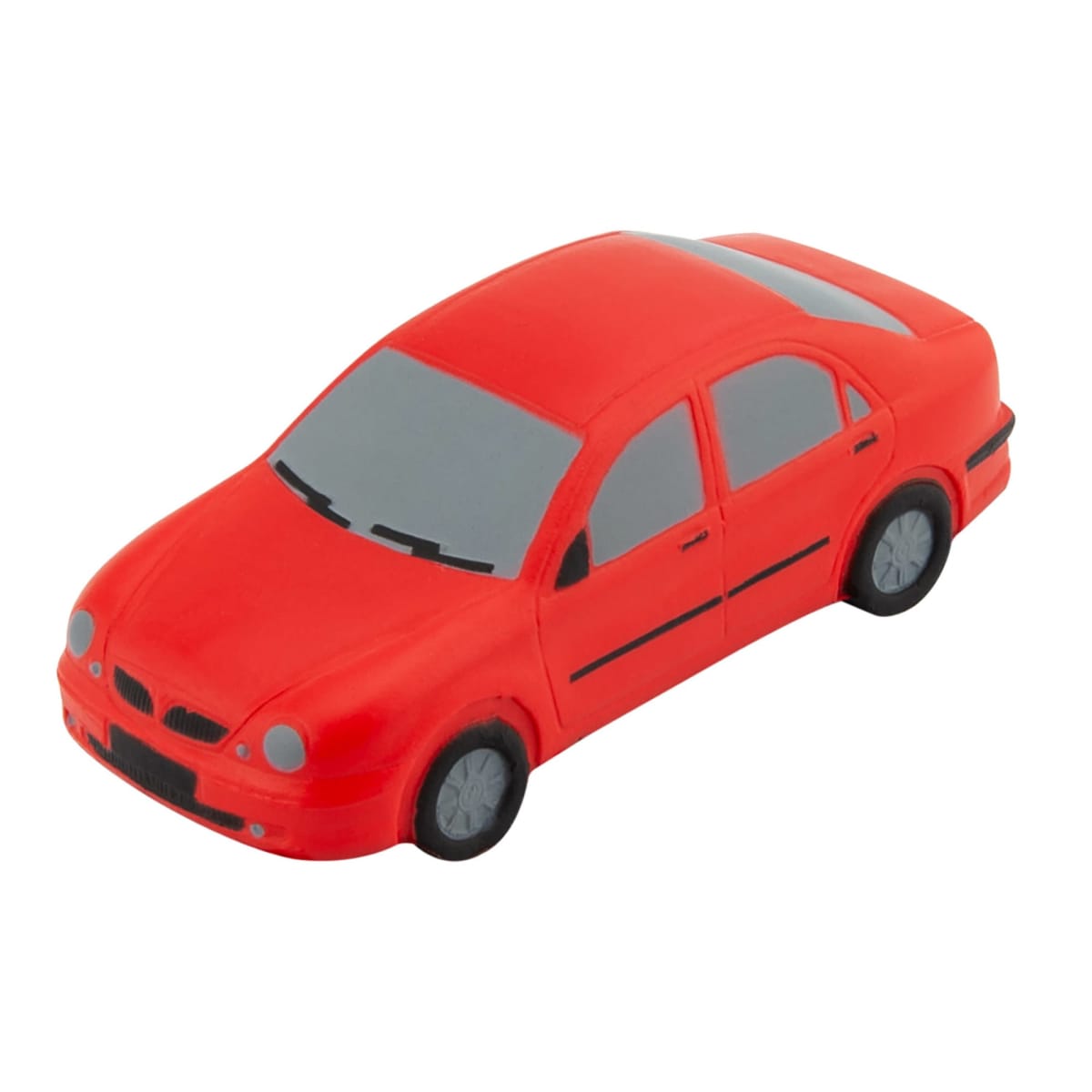 A small red car toy with black tinted windows and simple detailing. Its shown from a front-side angle on a plain white background.