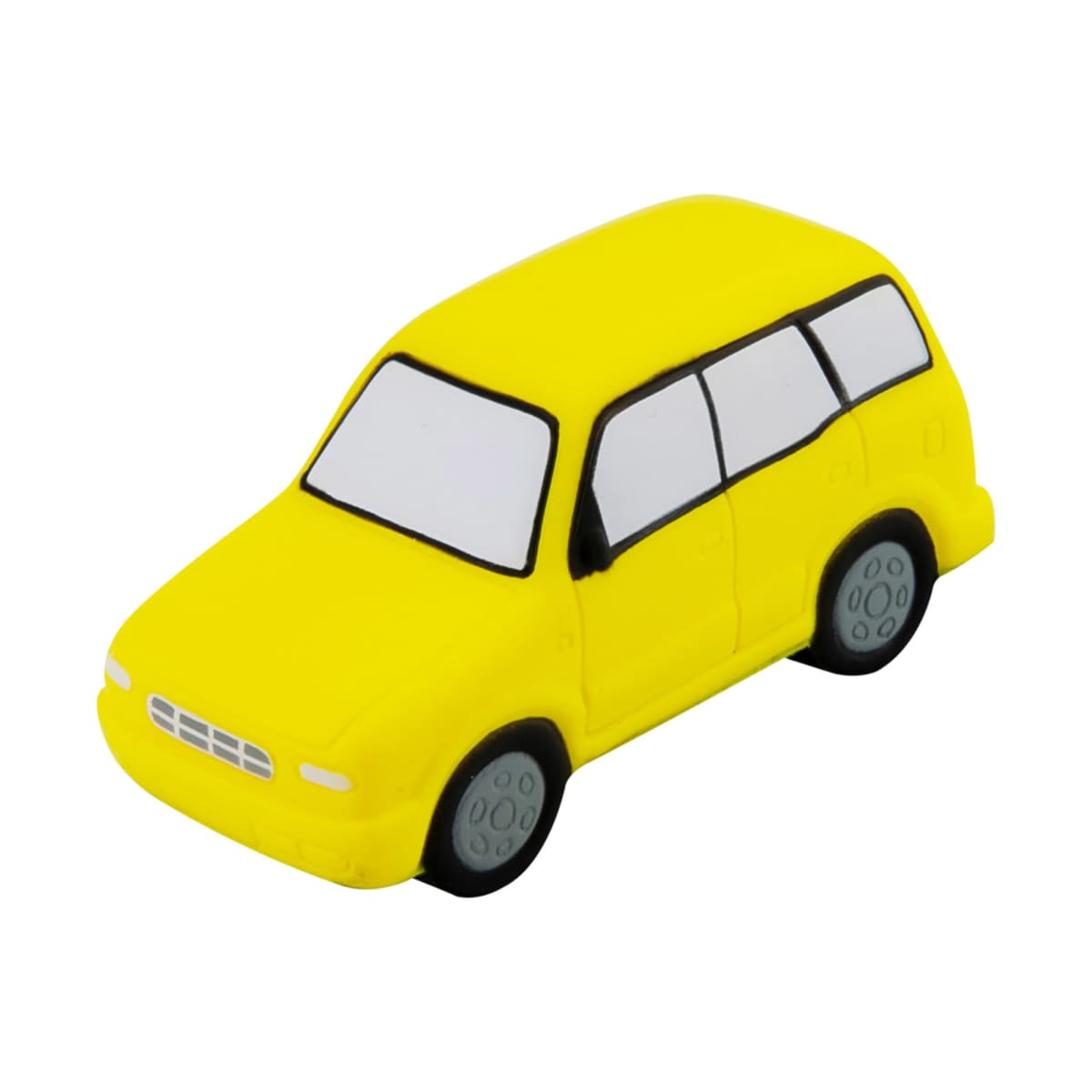 A small, toy yellow car resembling an SUV with black-tinted windows and gray wheels, viewed from an angled perspective. The car has a simple design and smooth surfaces.