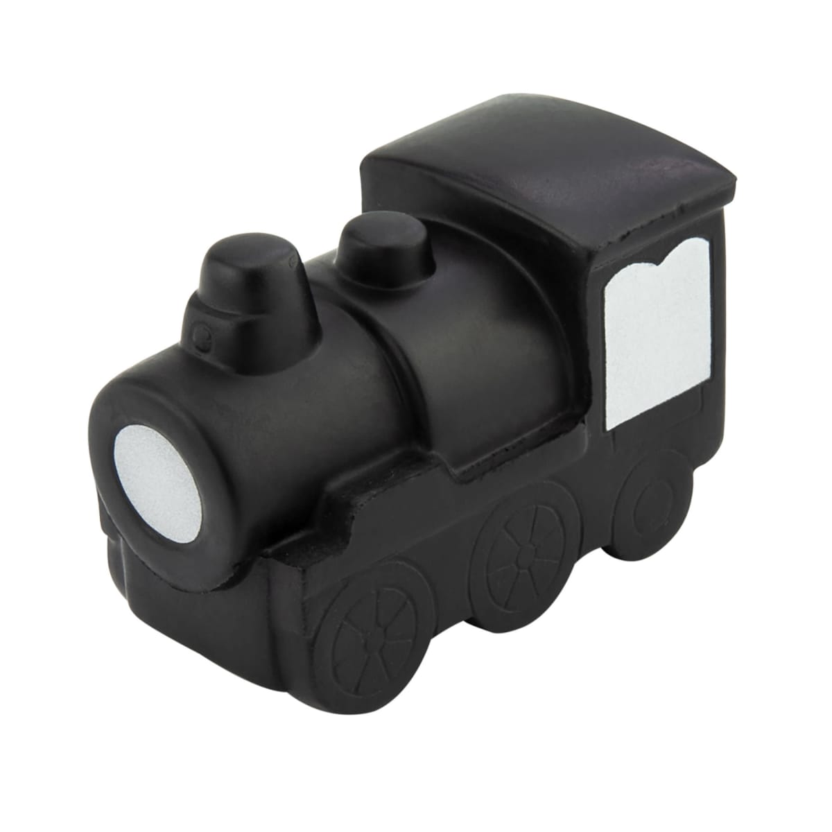A small, black toy train engine with simple features and exaggerated, rounded shapes, designed to look like a classic steam locomotive. The train is made of a smooth, solid material.