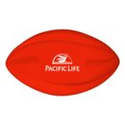 A red stress ball in the shape of a football, featuring the white logo and text of Pacific Life with a stylized wave and whale design in the center.