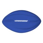 A blue football-shaped stress ball with the word ticketmaster printed in white on its side.