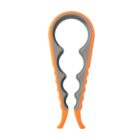 A handheld jar opener with a grey and orange design. It features a round opening and serrated grips for securely twisting off jar lids of various sizes. The ergonomic handle is designed for comfort and ease of use.