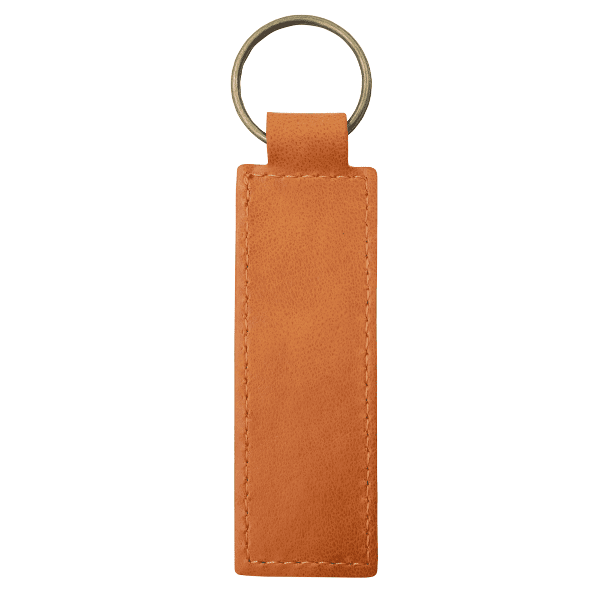 A rectangular, brown leather keychain with visible stitching, attached to a simple metallic key ring at the top center. The background is plain white.