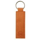 A rectangular keychain made of brown recycled leather with a metal ring at the top. The leather features a small embossed stamp reading Recycled Leather at the bottom.