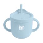 Light blue sippy cup with two side handles and a straw. The cup features the words Baby Kids printed on the side.