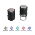 Two black cylindrical stamps are shown, one with a red heart design. Below are five colorful SPACEFLIGHT logos, each with a different color: black, blue, purple, teal, and red.