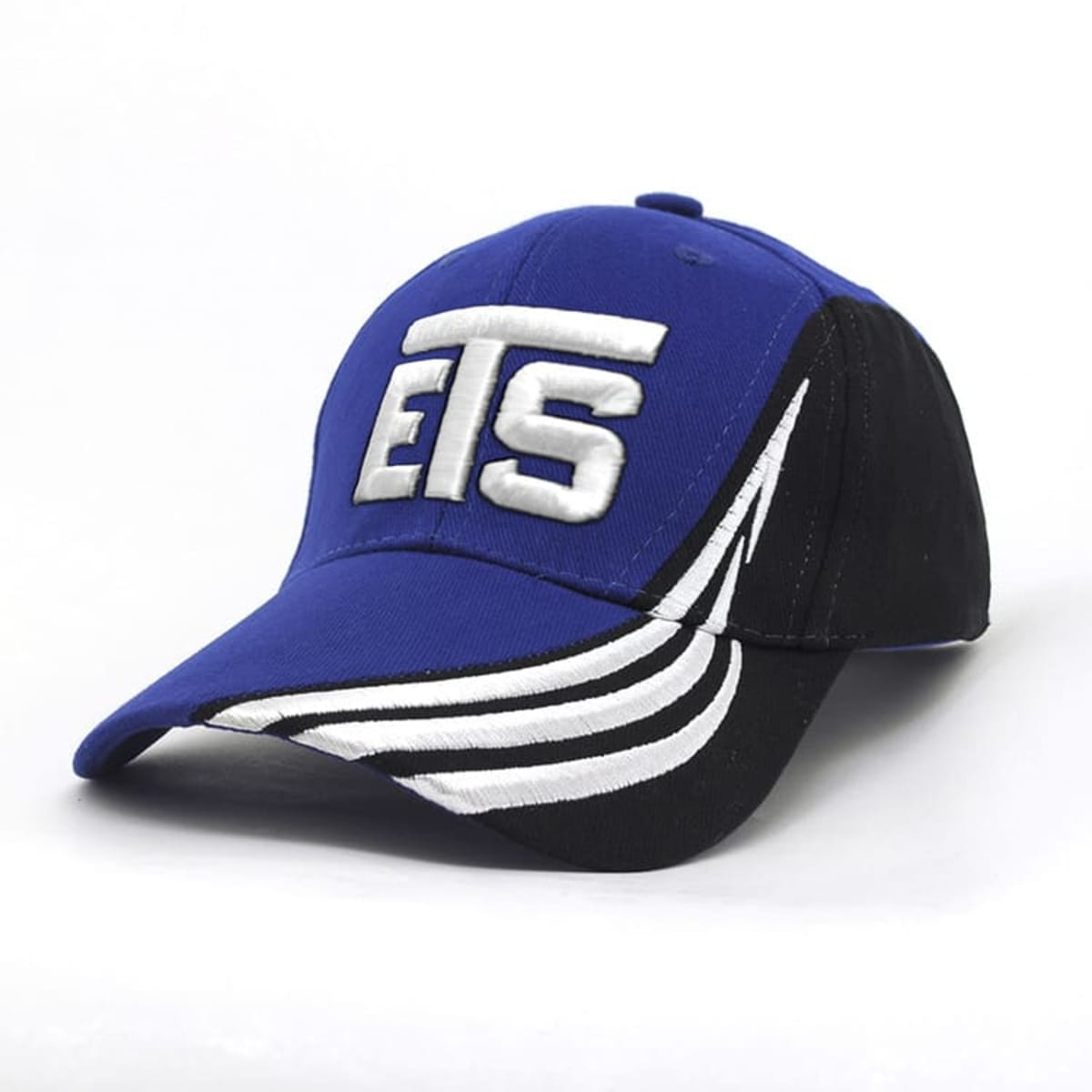 A blue and black baseball cap with ETS in bold white letters on the front. The cap features white curved stripes on the side of the brim.