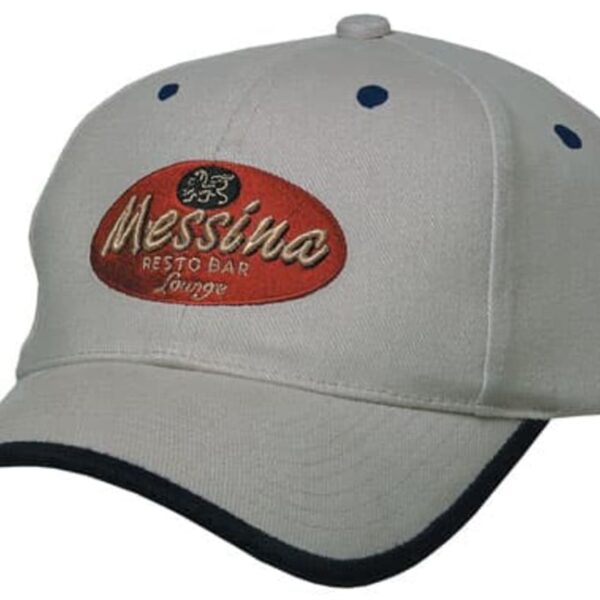 A gray baseball cap with a red oval logo on the front. The logo features the word Messina and the text Resto Bar Lounge beneath it. The cap has a black brim edge and blue eyelets on the top.