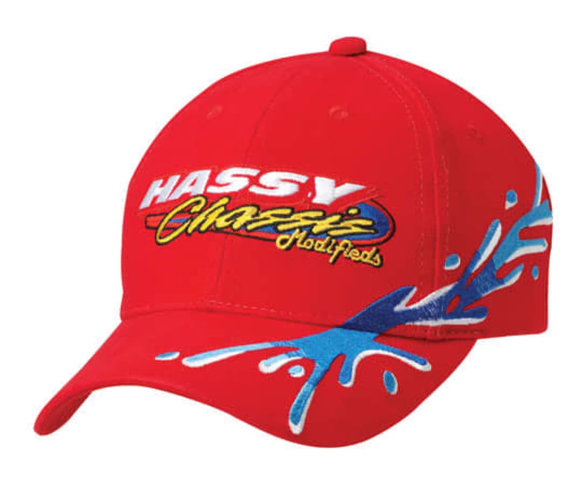 Red baseball cap with HASSY Chassis Modifieds embroidered in white, yellow, and blue letters. Blue and white splash design on the side, adding a dynamic visual effect.